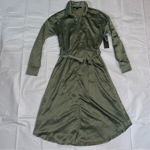 French Connection Deep Green Faux Silk Collared Button Up Belted Dress M NWT